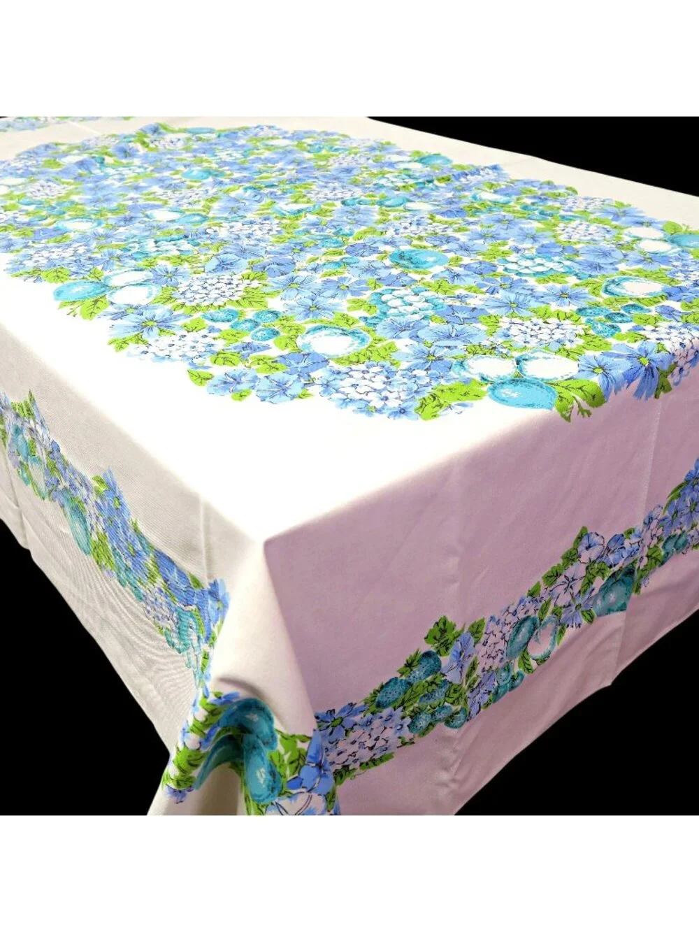Mid-Century Tablecloth, Morning Glories & Fruit, Blue Green Aqua, 53x66